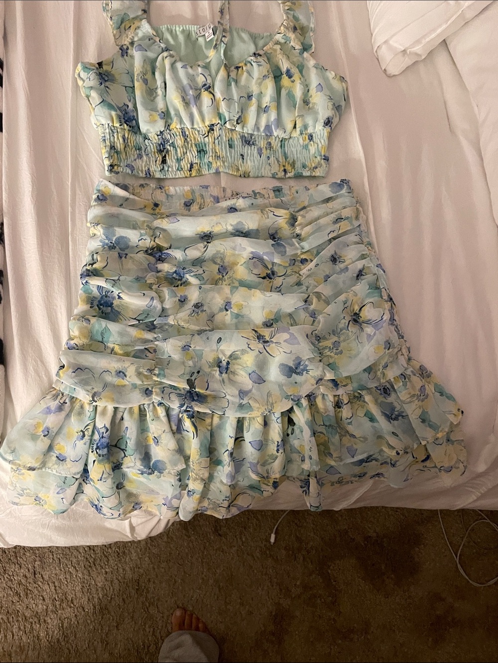 Floral Ruffled Mini Skirt Set - Light Blue Floral